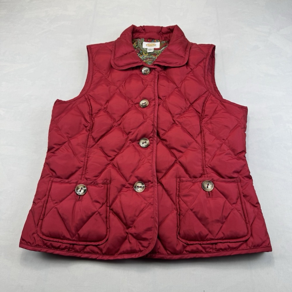 Talbots Womens L Red Quilted Puffer Vest Button Front Paisley Lined